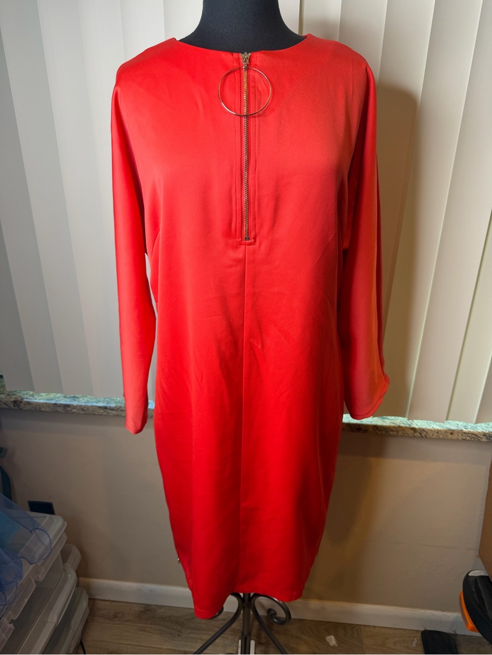 Marciano Los Angeles Red Long Sleeve Shift Dress Front Zip Ring SZ48/US12-XL